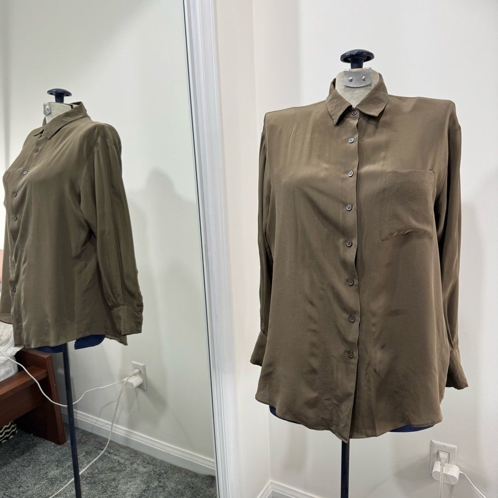 Zara Olive Green Button-Up Silk Blouse. XS